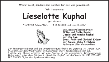 Traueranzeige von Lieselotte Kuphal von Pegnitz-Zeitung